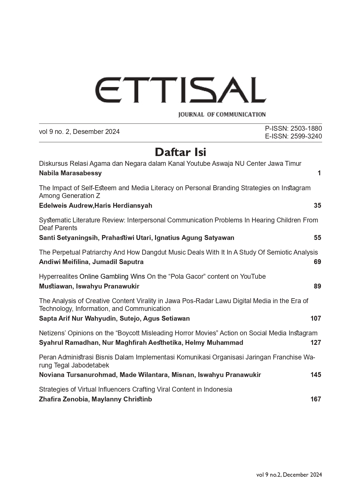 					View Vol. 9 No. 2 (2024): ETTISAL : Journal of Communication
				