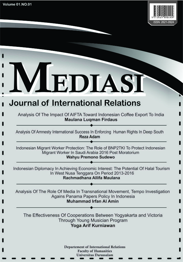 					View Vol. 2 No. 1 (2019): Mediasi Journal of International Relations
				